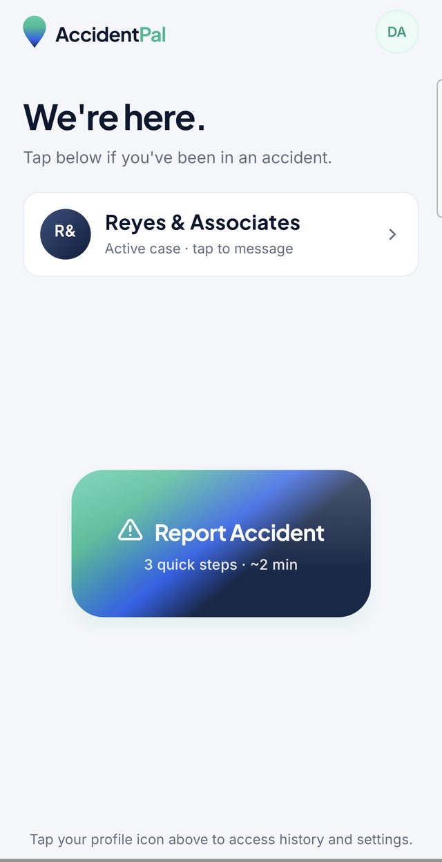 AccidentPal home screen: We're here, Report Accident, 3 quick steps